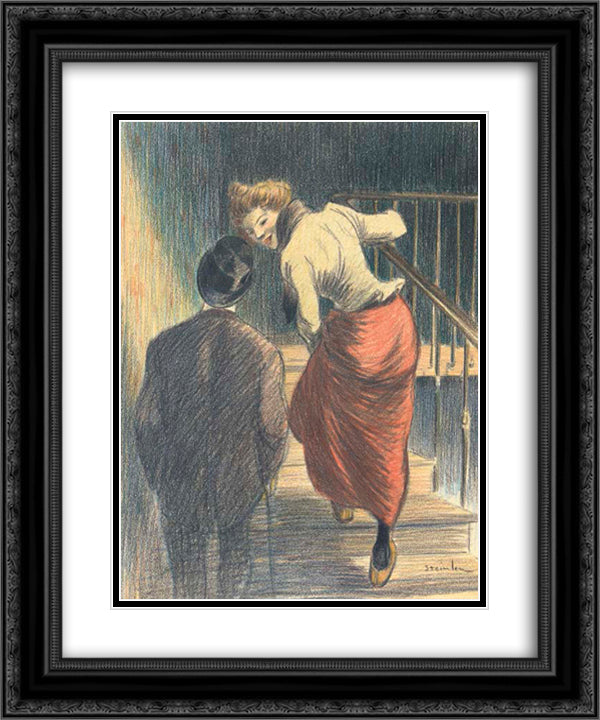 Mon Premier Avril 20x24 Black Ornate Wood Framed Art Print Poster with Double Matting by Steinlen, Theophile