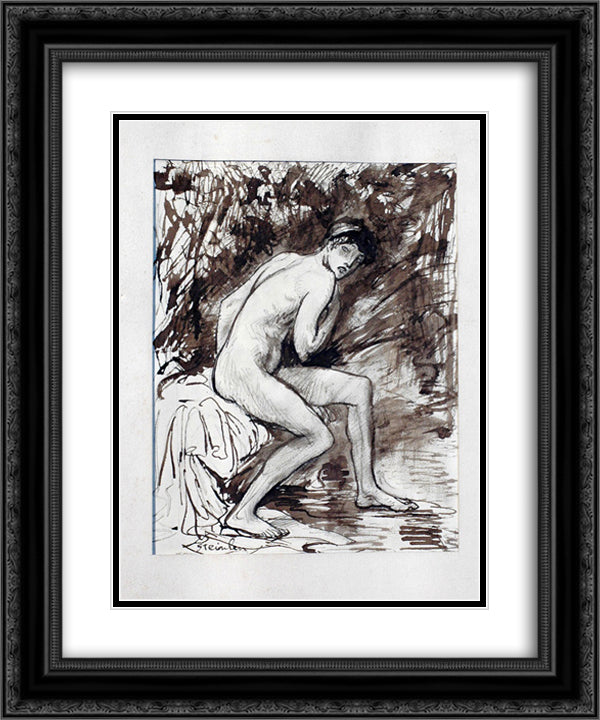 Nude on bed 20x24 Black Ornate Wood Framed Art Print Poster with Double Matting by Steinlen, Theophile