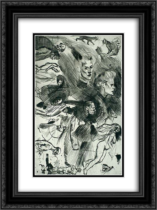 Sketch plate 18x24 Black Ornate Wood Framed Art Print Poster with Double Matting by Steinlen, Theophile