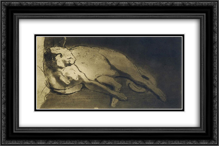 Sleeping Cat 24x16 Black Ornate Wood Framed Art Print Poster with Double Matting by Steinlen, Theophile