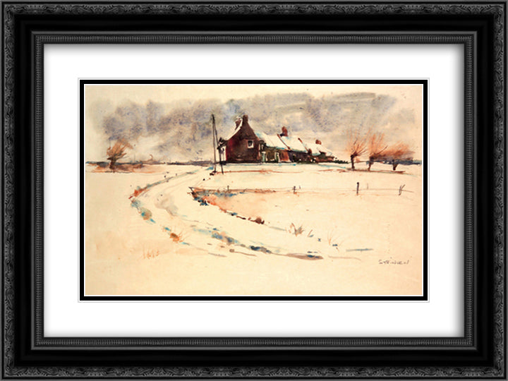 Snow landscape 24x18 Black Ornate Wood Framed Art Print Poster with Double Matting by Steinlen, Theophile