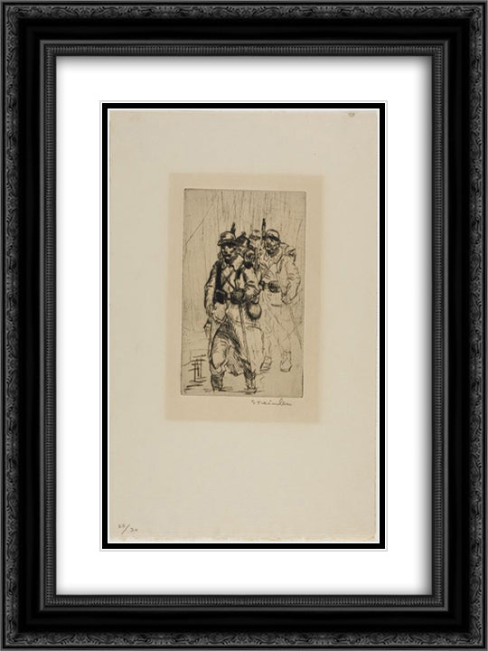 Soldats Sous La Pluie et Dans Les Fondrieres 18x24 Black Ornate Wood Framed Art Print Poster with Double Matting by Steinlen, Theophile
