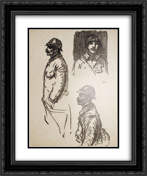 Soldats- Trois Croquis 20x24 Black Ornate Wood Framed Art Print Poster with Double Matting by Steinlen, Theophile