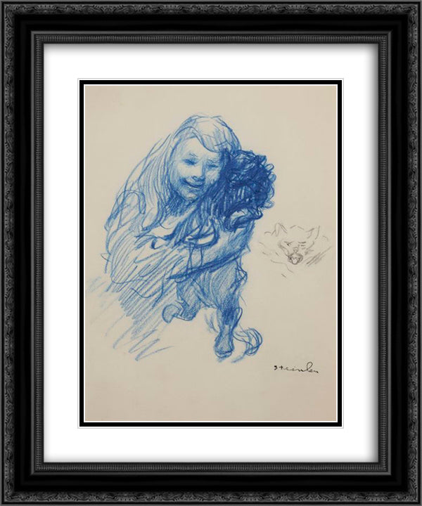 Steinlen's daughter Colette with cat 20x24 Black Ornate Wood Framed Art Print Poster with Double Matting by Steinlen, Theophile