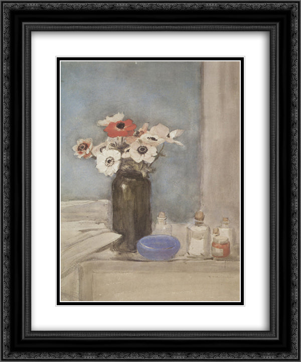 Still Life With Anemones 20x24 Black Ornate Wood Framed Art Print Poster with Double Matting by Steinlen, Theophile