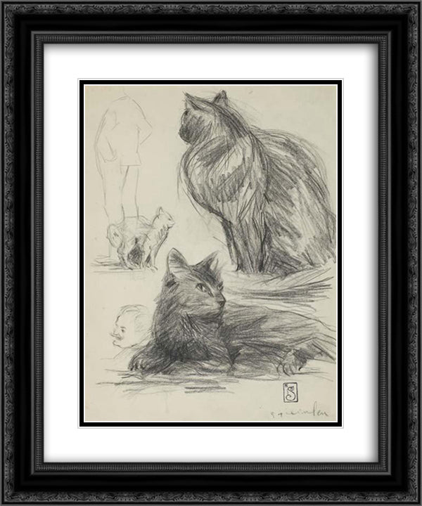 Study of Cats and Figures 20x24 Black Ornate Wood Framed Art Print Poster with Double Matting by Steinlen, Theophile