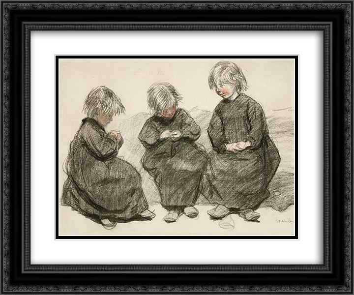Three Seated Girls 24x20 Black Ornate Wood Framed Art Print Poster with Double Matting by Steinlen, Theophile