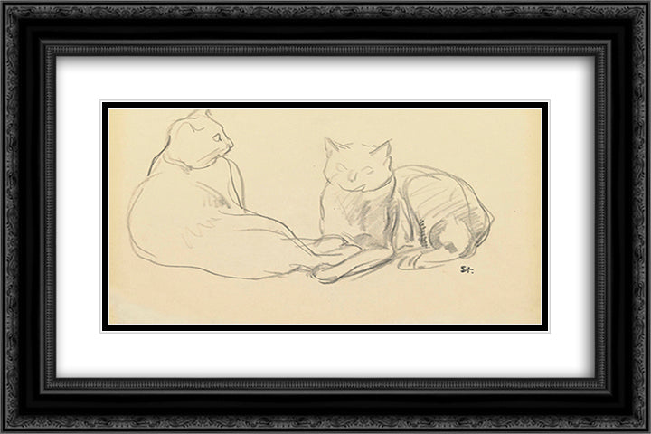 Two cats 24x16 Black Ornate Wood Framed Art Print Poster with Double Matting by Steinlen, Theophile