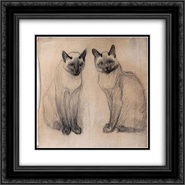 Two Siamese cats 20x20 Black Ornate Wood Framed Art Print Poster with Double Matting by Steinlen, Theophile