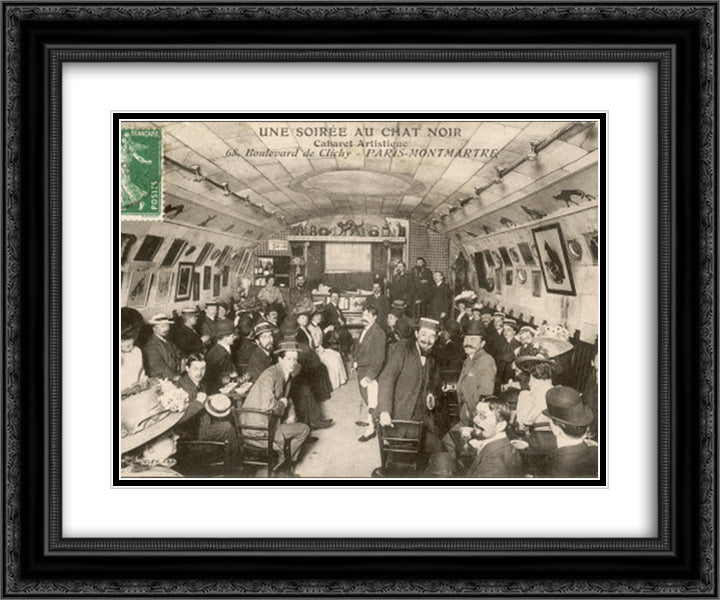 Une Soiree au Chat Noir 24x20 Black Ornate Wood Framed Art Print Poster with Double Matting by Steinlen, Theophile