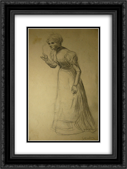 Woman holding lorgnon 18x24 Black Ornate Wood Framed Art Print Poster with Double Matting by Steinlen, Theophile
