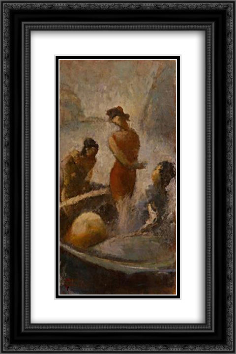 Bathers on the boat 16x24 Black Ornate Wood Framed Art Print Poster with Double Matting by Triantafyllidis, Theophrastos