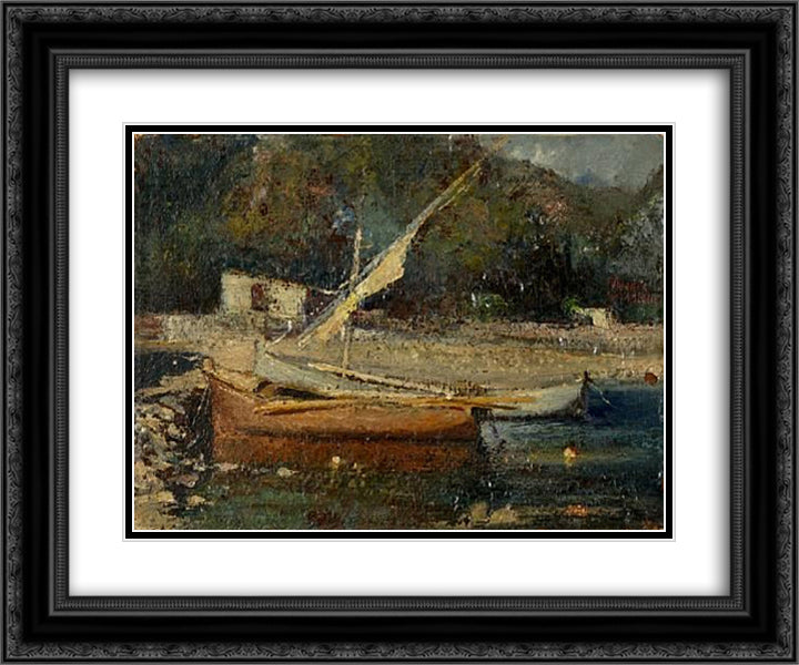 Boats at shore 24x20 Black Ornate Wood Framed Art Print Poster with Double Matting by Triantafyllidis, Theophrastos
