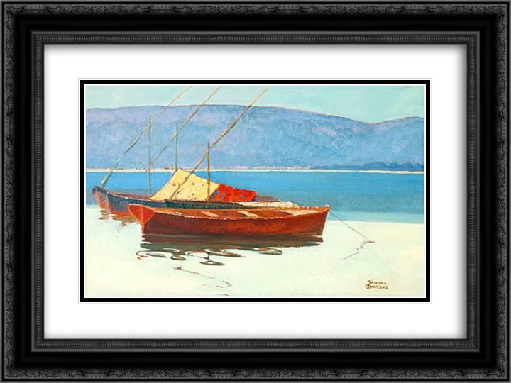 Boats in calm water 24x18 Black Ornate Wood Framed Art Print Poster with Double Matting by Triantafyllidis, Theophrastos