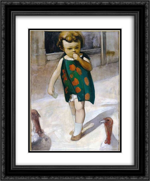 Girl with turkeys 20x24 Black Ornate Wood Framed Art Print Poster with Double Matting by Triantafyllidis, Theophrastos