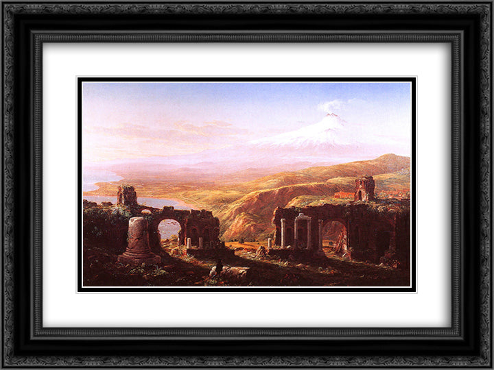 View of Mount Etna from Taormina 24x18 Black Ornate Wood Framed Art Print Poster with Double Matting by Cole, Thomas