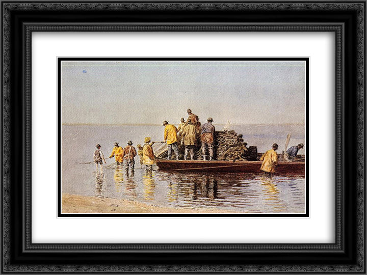 Taking up the Net 24x18 Black Ornate Wood Framed Art Print Poster with Double Matting by Eakins, Thomas