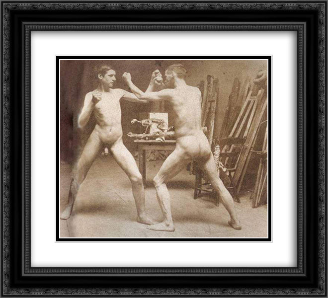 Two nude boys boxing in atelier 22x20 Black Ornate Wood Framed Art Print Poster with Double Matting by Eakins, Thomas