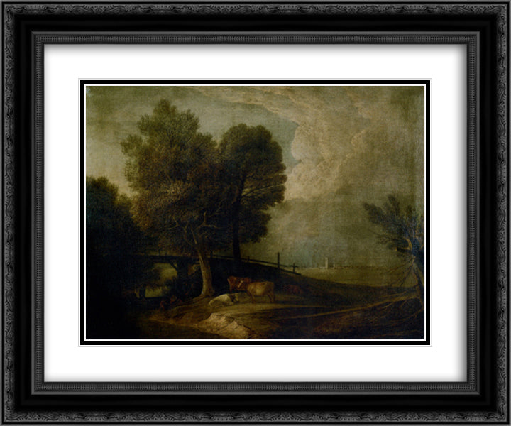 Figures with Cattle in a Landscape 24x20 Black Ornate Wood Framed Art Print Poster with Double Matting by Gainsborough, Thomas
