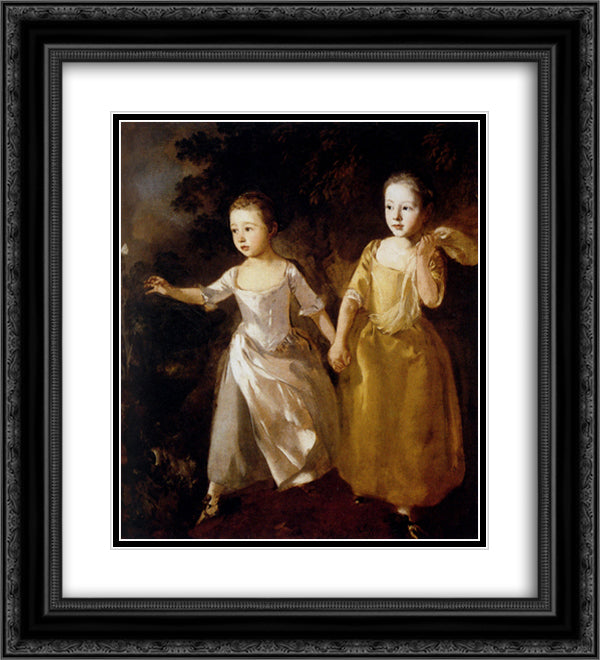 The Painter's Daughters chasing a Butterfly 20x22 Black Ornate Wood Framed Art Print Poster with Double Matting by Gainsborough, Thomas