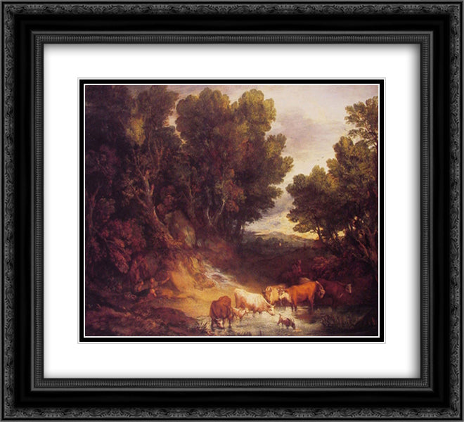 The Watering Place 22x20 Black Ornate Wood Framed Art Print Poster with Double Matting by Gainsborough, Thomas