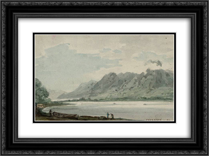 A Lake and Mountains in Westmorland 24x18 Black Ornate Wood Framed Art Print Poster with Double Matting by Girtin, Thomas