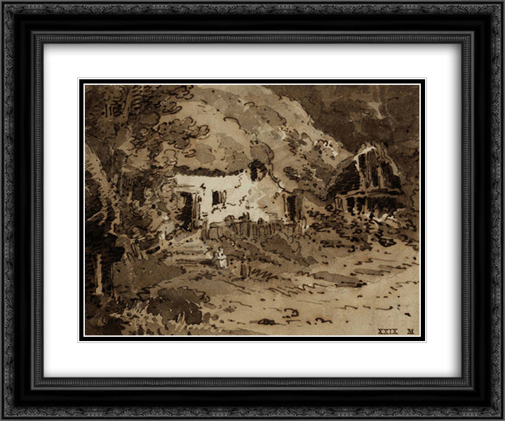 A Thatched Cottage among Trees 24x20 Black Ornate Wood Framed Art Print Poster with Double Matting by Girtin, Thomas