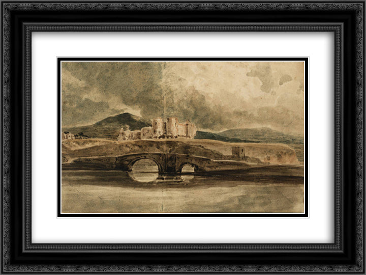 Rhyddlan Castle and Bridge 24x18 Black Ornate Wood Framed Art Print Poster with Double Matting by Girtin, Thomas