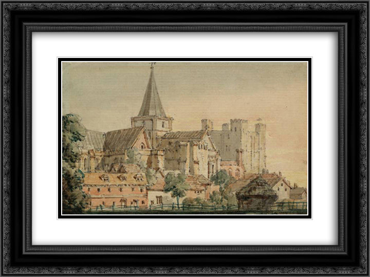 Rochester Cathedral from the North East, with the Castle Beyond 24x18 Black Ornate Wood Framed Art Print Poster with Double Matting by Girtin, Thomas