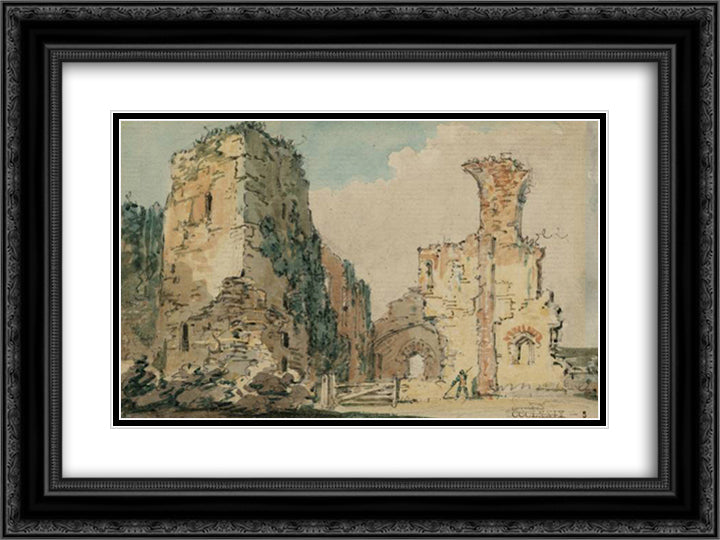 The Ruins of Middleham Castle, Yorkshire 24x18 Black Ornate Wood Framed Art Print Poster with Double Matting by Girtin, Thomas