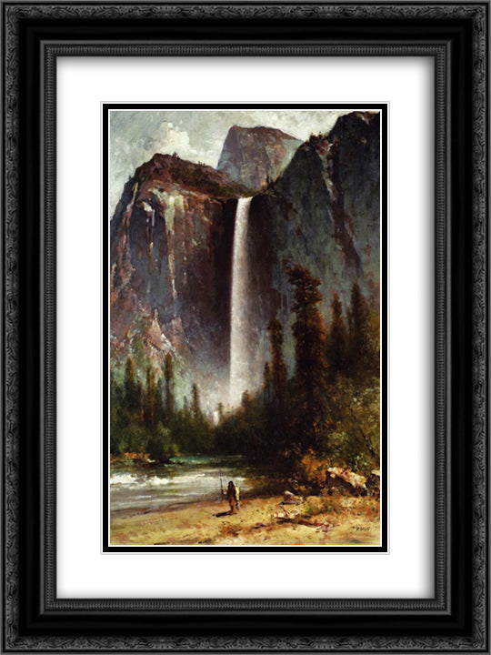 Ahwahneechee - Piute Indian at Bridal Veil Falls, Yosemite 18x24 Black Ornate Wood Framed Art Print Poster with Double Matting by Hill, Thomas