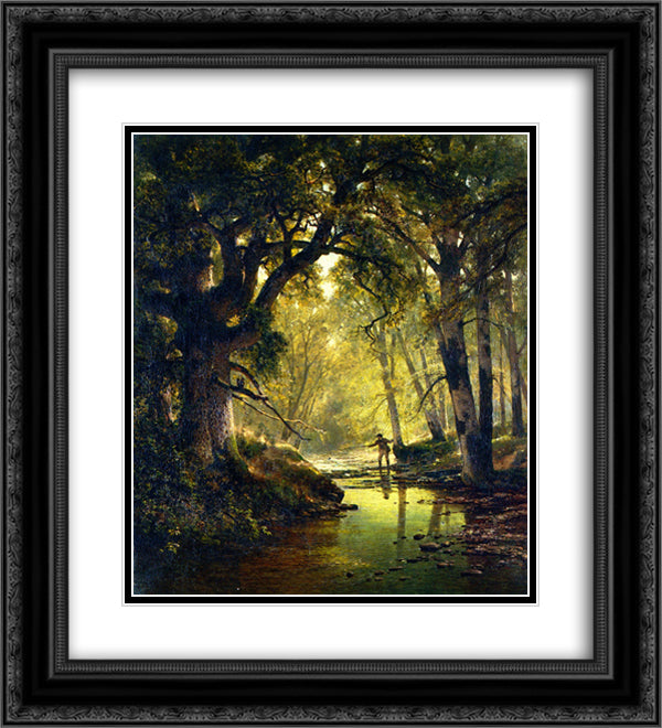 Angler in a Forest Interior 20x22 Black Ornate Wood Framed Art Print Poster with Double Matting by Hill, Thomas