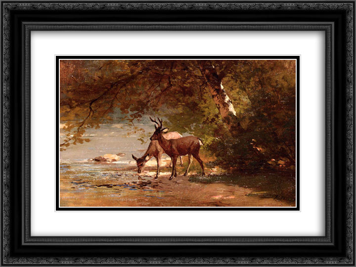 Deer in a Landscape 24x18 Black Ornate Wood Framed Art Print Poster with Double Matting by Hill, Thomas