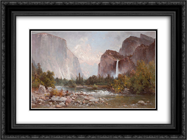 Fishing in the Yosemite Valley 24x18 Black Ornate Wood Framed Art Print Poster with Double Matting by Hill, Thomas