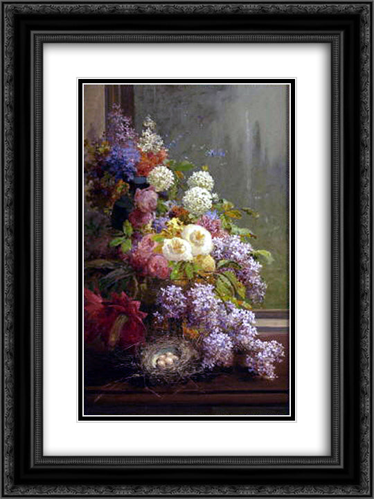 Still Life FLowers and Fruit 18x24 Black Ornate Wood Framed Art Print Poster with Double Matting by Hill, Thomas