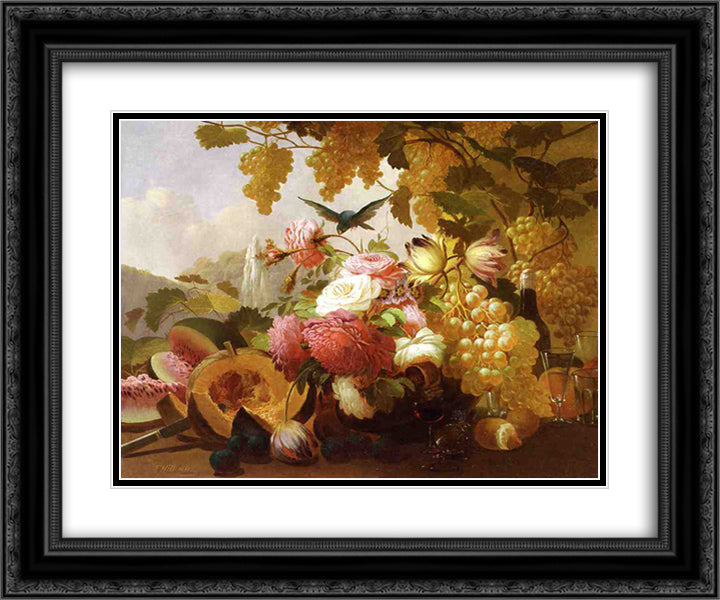 Still Life with roses and Wine Glasses 24x20 Black Ornate Wood Framed Art Print Poster with Double Matting by Hill, Thomas