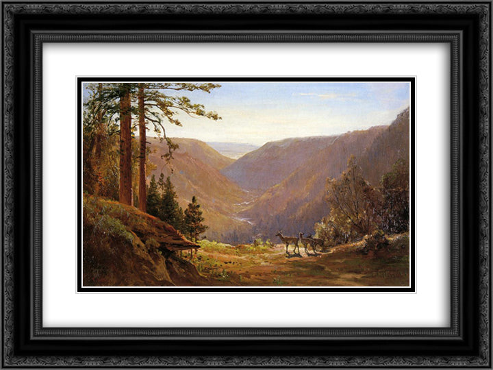Valley with Deer 24x18 Black Ornate Wood Framed Art Print Poster with Double Matting by Hill, Thomas