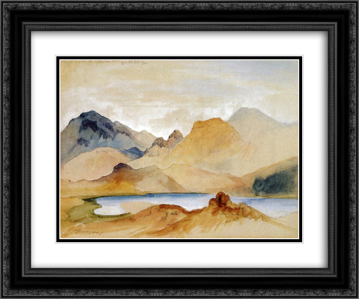 Cinnabar Mountain, Yellowstone River (watercolour) 24x20 Black Ornate Wood Framed Art Print Poster with Double Matting by Moran, Thomas