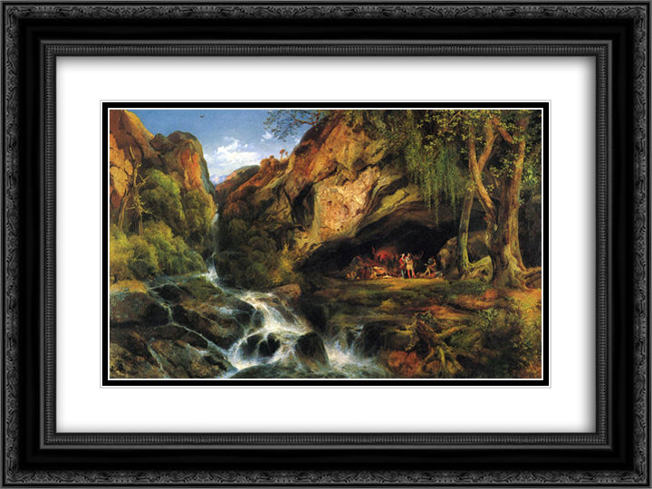 Salvator Rosa Sketching the Banditi 24x18 Black Ornate Wood Framed Art Print Poster with Double Matting by Moran, Thomas