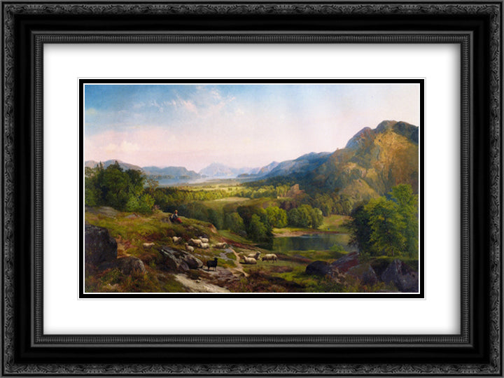 Shepherdess Watching Her Flock 24x18 Black Ornate Wood Framed Art Print Poster with Double Matting by Moran, Thomas