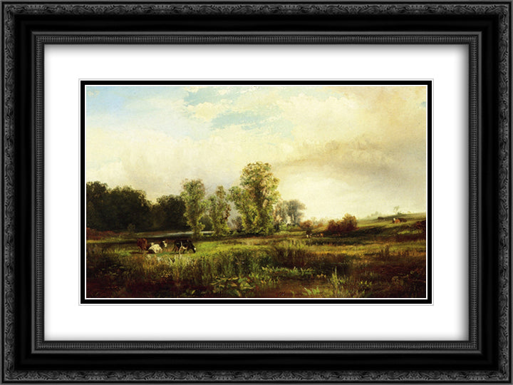 Summer Landscape with Cows 24x18 Black Ornate Wood Framed Art Print Poster with Double Matting by Moran, Thomas