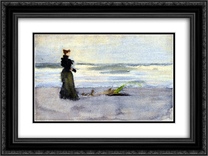 Edwardian woman on the Beach 24x18 Black Ornate Wood Framed Art Print Poster with Double Matting by Anshutz, Thomas Pollock