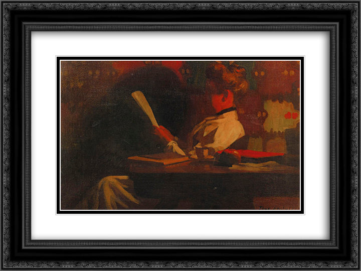 Woman in an interior, reading 24x18 Black Ornate Wood Framed Art Print Poster with Double Matting by Anshutz, Thomas Pollock