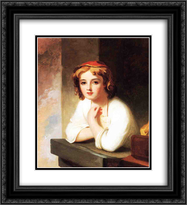 Girl Leaning at a Window 20x22 Black Ornate Wood Framed Art Print Poster with Double Matting by Sully, Thomas