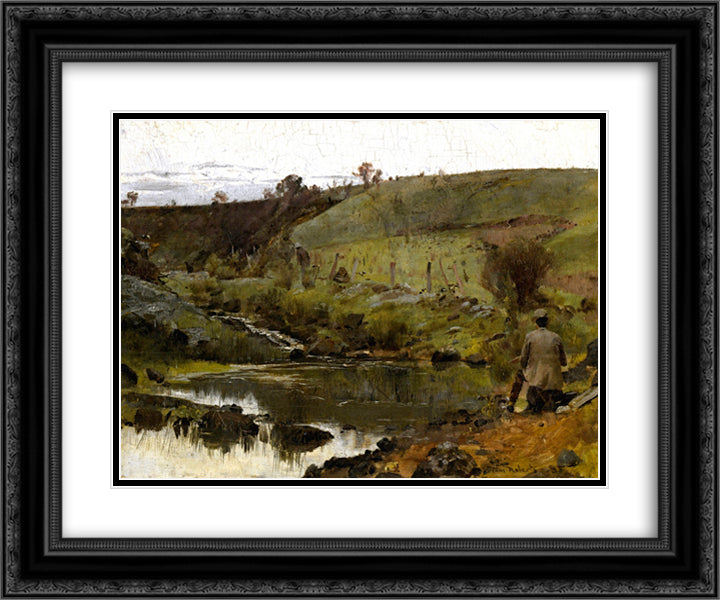A Quiet Day on the Darebin Creek 24x20 Black Ornate Wood Framed Art Print Poster with Double Matting by Roberts, Tom