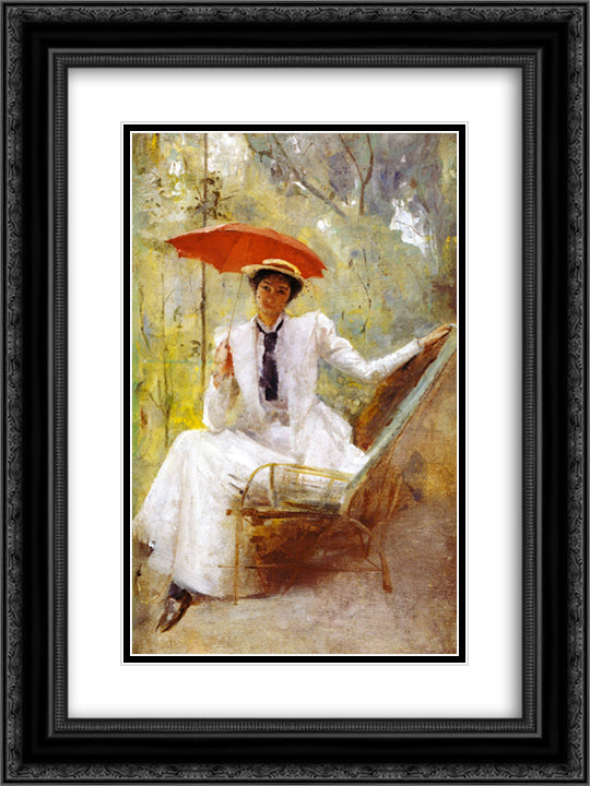 Lady with a Parasol 18x24 Black Ornate Wood Framed Art Print Poster with Double Matting by Roberts, Tom