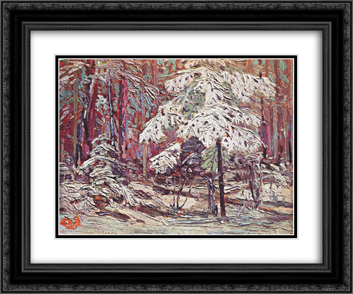 Snow in the Woods 24x20 Black Ornate Wood Framed Art Print Poster with Double Matting by Thomson, Tom
