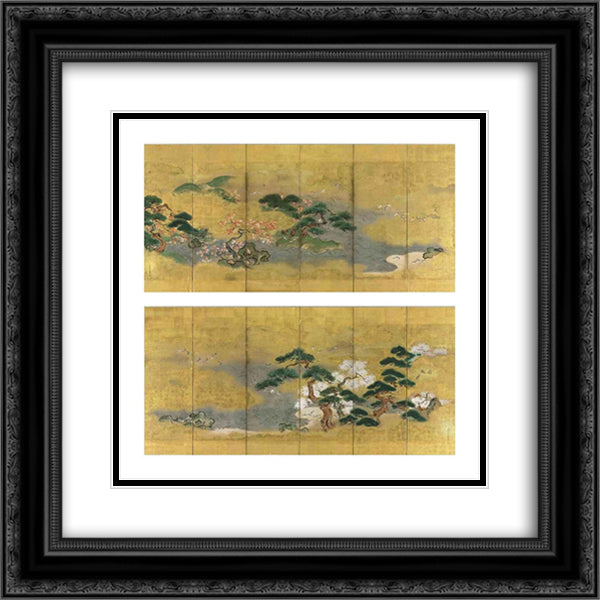 Birds and flowers in spring and autumn 20x20 Black Ornate Wood Framed Art Print Poster with Double Matting by Mitsuoki, Tosa