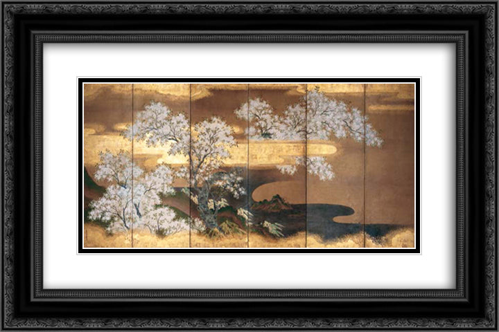 Cherry trees 24x16 Black Ornate Wood Framed Art Print Poster with Double Matting by Mitsuoki, Tosa