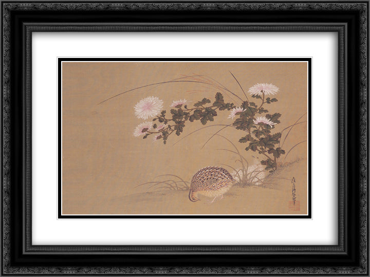 Quail and Chrysanthemums 24x18 Black Ornate Wood Framed Art Print Poster with Double Matting by Mitsuoki, Tosa